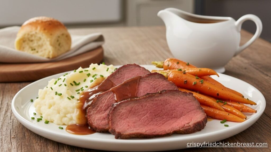 Final image of Slow Cooker Roast Beef and Gravy with amazing site dishes