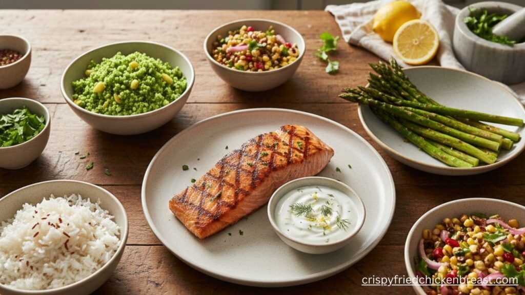 Final image of Grilled Salmon with different site dishes witch is looking amazing and delicious