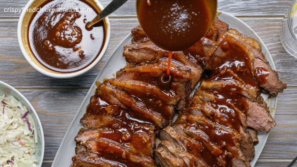 Slow-Cooked Beef Brisket Sauce Being Poured Over Brisket