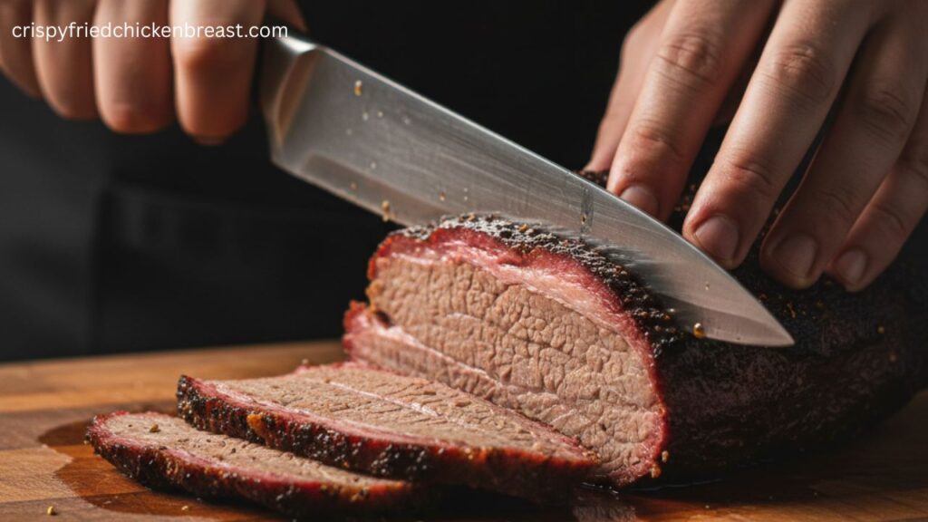Slow-cooked beef brisket making slices