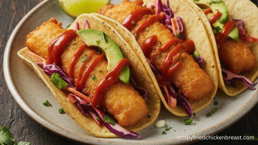 The Most Crunchiest Beer Battered Fish serve with tortilla with sliced avocado and spicy mayo