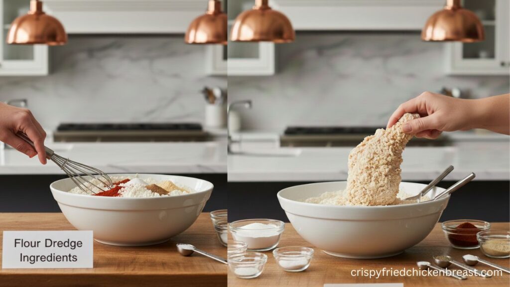 Mixing coating  process of flour, buttermilk & spices for Hot & Spicy Fried Chicken