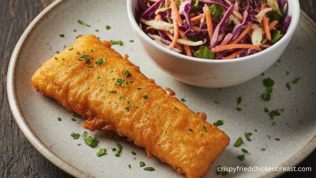 The Most Crunchiest Beer Battered Fish serve with vinegar-based coleslaw