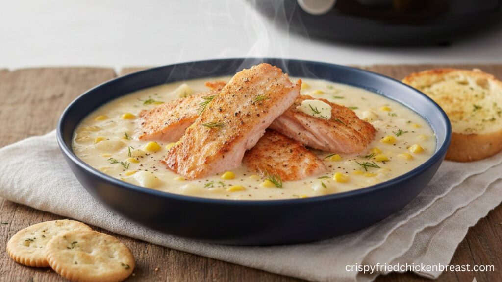 Delicious Air Fryer Fish Chowder served in a blue bowl.