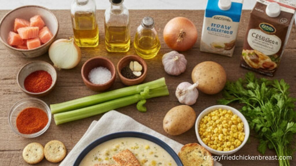 Fresh ingredients for Air Fryer Fish Chowder including salmon fillets, potatoes, celery, and heavy cream.