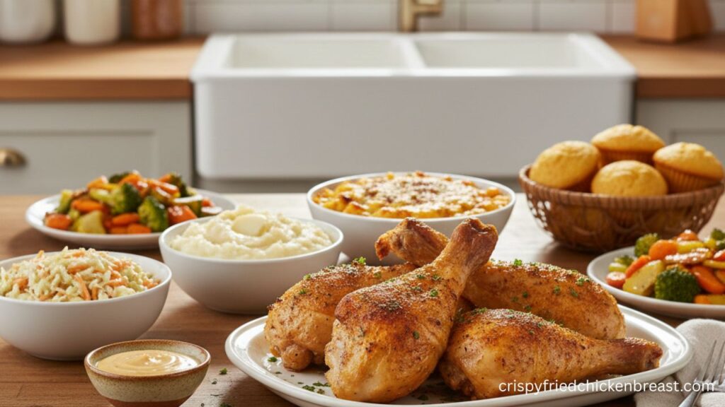 Oven Baked Chicken Legs final look with different side dishes