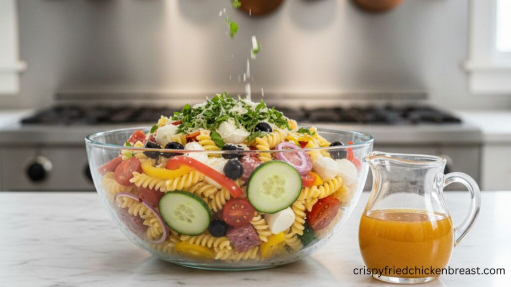 Easy Pasta Salad final presentation with Zesty Homemade Dressing