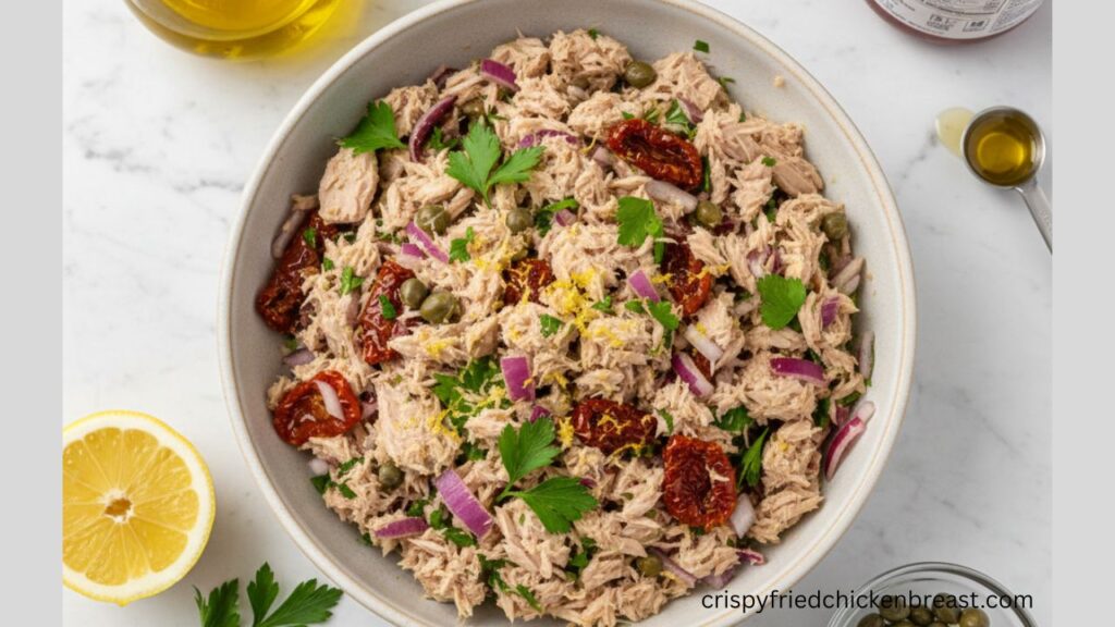The Best Tuna Salad with olive oil, doubled lemon juice, drained capers and chopped sun-dried tomatoes.