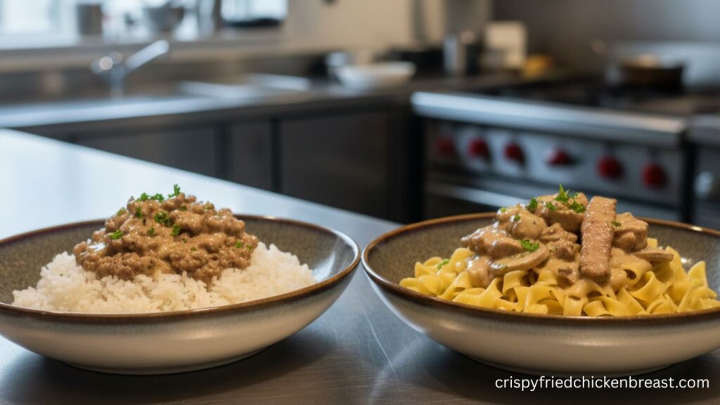 Beef Stroganoff serve with Mashed potatoes and Rice or polenta