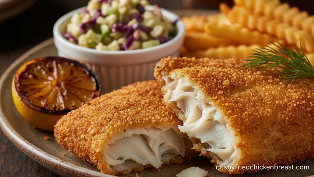Fried Catfish Dinner Plate with Coleslaw and Tartar Sauce.